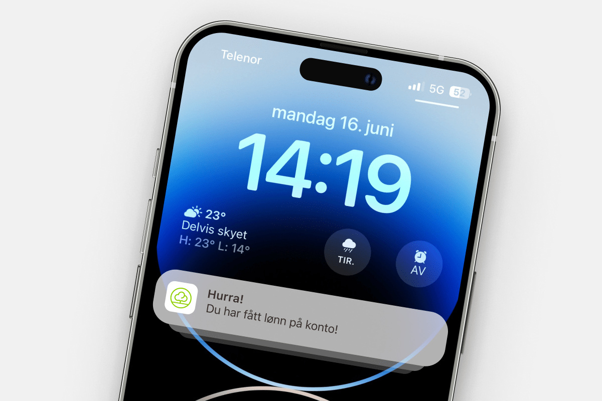 Bilde av mobilskjerm med pushvarsel: Hurra, du har fått lønn!